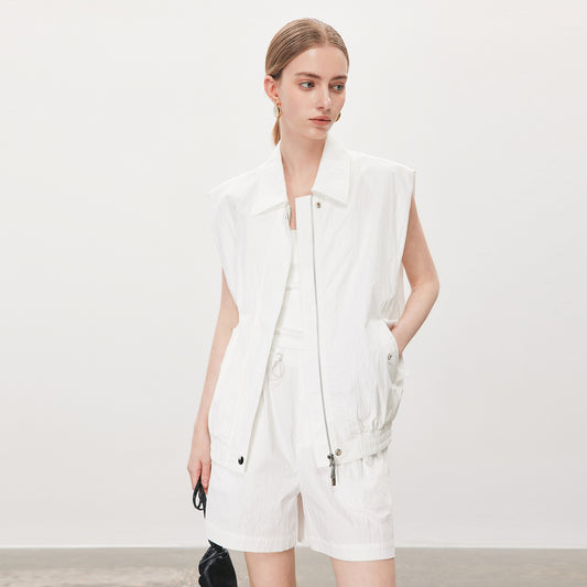 Sleeveless Collared Vest & Shorts Set,Casual Minimalist Two - Piece