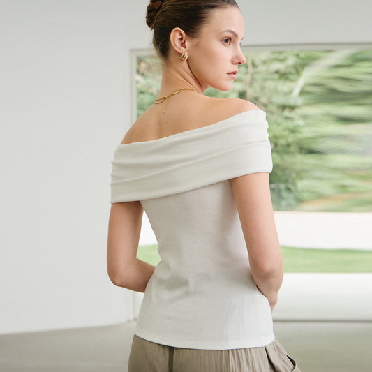 Off - Shoulder White Slim Short Top,Elegant Shoulder - Baring Slim Knitted Base Shirt