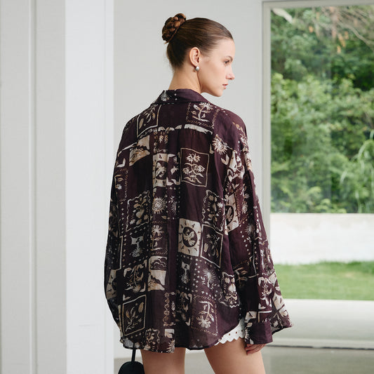 Retro Printed Ramie Shirt,Loose Lazy - Style Sunscreen Thin Shirt