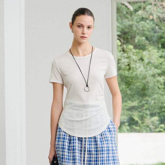 Minimalist Slim - Fit White Short - Sleeve Top,Basic Versatile Knitted Tee