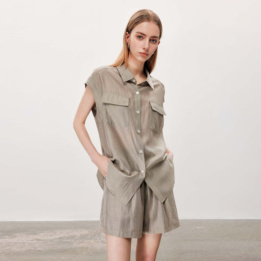 Sleeveless Shirt & Shorts Set,Casual Minimalist Loose Office Two - Piece