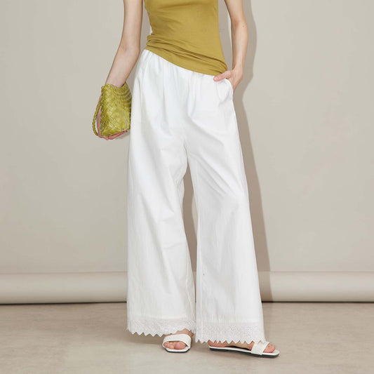 Embroidered Lace High - Waist Casual Trousers, Breathable Pure Cotton Straight - Leg Pants