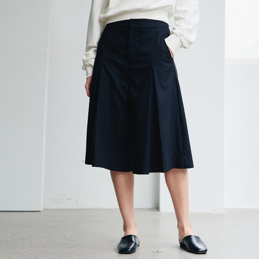 Black Pleated Midi Skirt, Flowy A - Line Skirt, Minimalist Office - Ready OL Umbrella Skirt