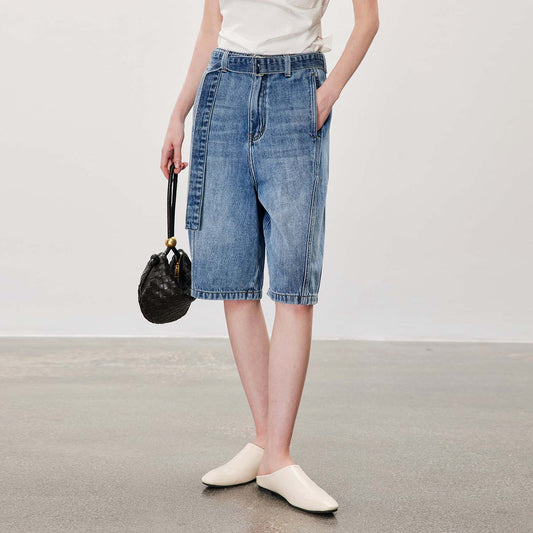 High - Waist Denim Knee - Length Shorts,Retro Loose Straight - Leg Mid - Length Pants