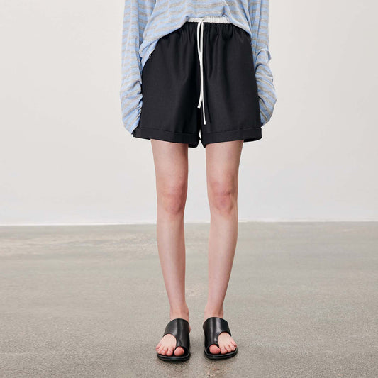 Drawstring Cuffed Casual Shorts,Minimalist Versatile Loose Wide - Leg Hot Pants