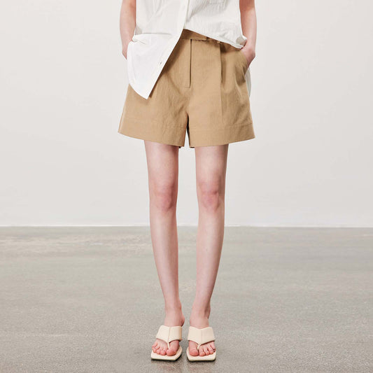 Minimalist Pleated Casual Shorts,Heavyweight Cotton Versatile Straight - Leg  Pants