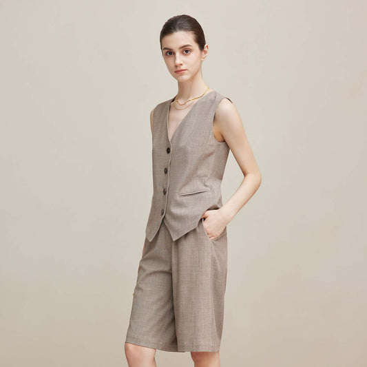 Sleeveless Vest & Wide - Leg Shorts Set,Minimalist Office Two - Piece, Casual Sleek Workwear