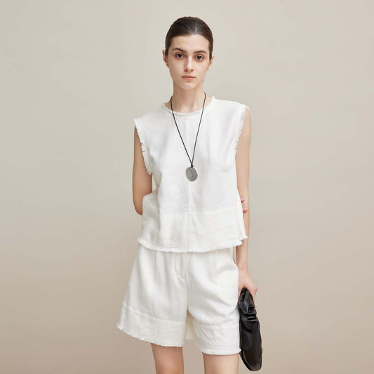 Sleeveless Fringe Trim Set, Loose Casual Two - Piece, Versatile Basic Outfit