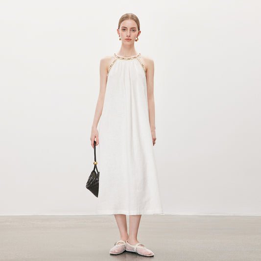 Halter - Neck Linen Dress,Elegant Minimalist Midi Dress